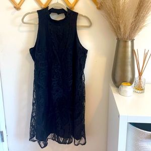 Lace, high neck, keyhole, swing dress. Black. Size Large Xhileration.